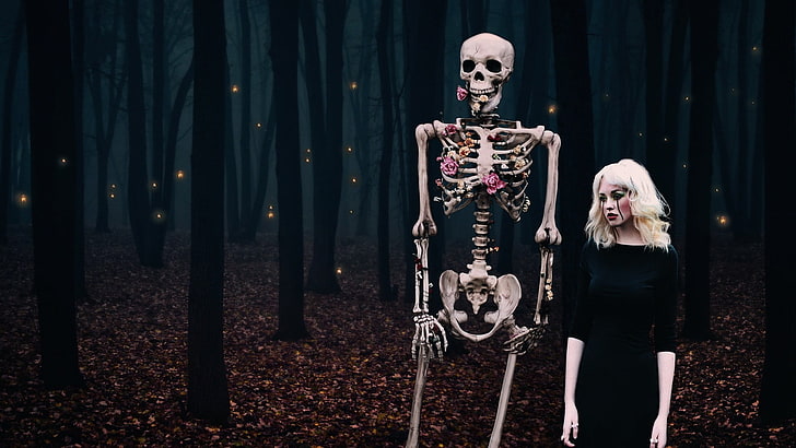 women, fantasy girl, flowers, blonde, forest, skeleton, bones, HD wallpaper