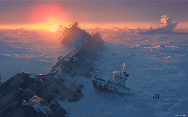 1920x1200 px apocalyptic Frost ice sea ship Shipwreck sunset Vitaly S Alexius Anime Fate Stay Night HD Art, HD wallpaper