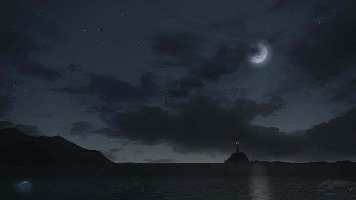 lighthouse, digital art, minimalism, landscape, night, Moon, clouds