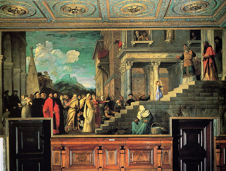 Titian Vecellio, The introduction of the virgin Mary into the temple, HD wallpaper