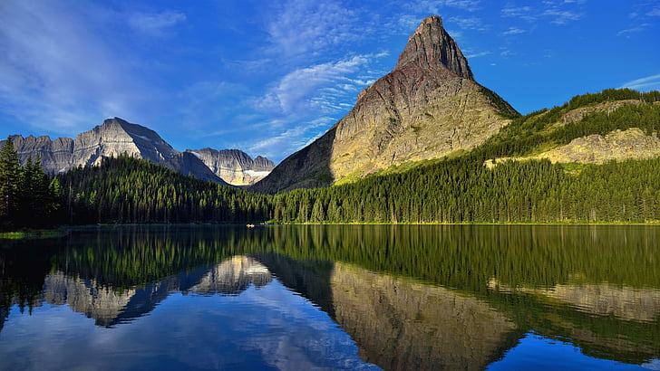 national park, blue sky, united states, swiftcurrent lake, montana, HD wallpaper