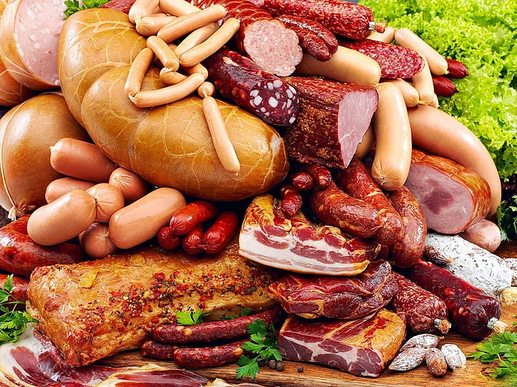 sausages, meat, ham, food, beef, pork, salami, fat, meal, smoked, HD wallpaper