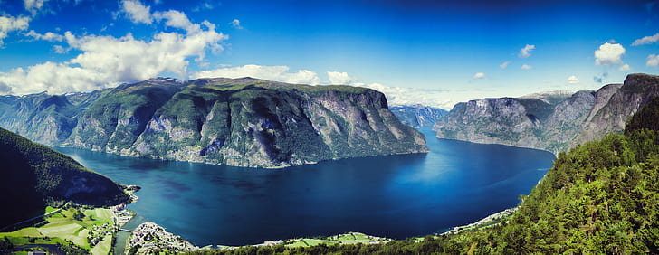 gray mountain beside blue water under cloudy sky, Panorama, Fjord, HD wallpaper