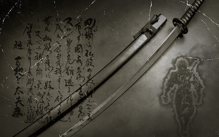 sword, anime, Japanese, digital art, katana, kanji, typography