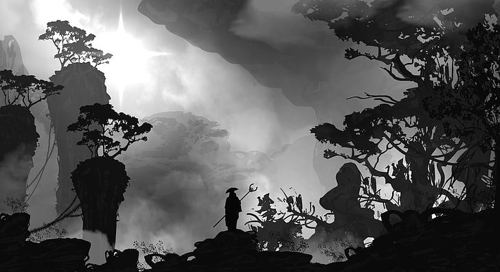 silhouette of man standing on rock, monochrome, Asian, landscape, HD wallpaper