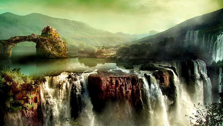 waterfalls painting, fantasy art, landscape, nature, scenics - nature, HD wallpaper