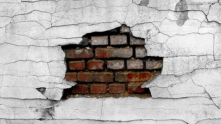 break gray wall, cracked, bricks, broken, built structure, no people
