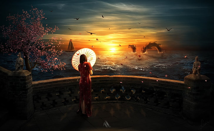 woman in red dress wallpaper, anime, anime girls, sky, umbrella, HD wallpaper