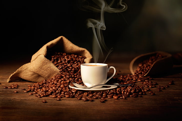 roasted coffee beans, spoon, Cup, bag, blade, coffee aroma, shoulder, HD wallpaper