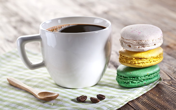 white mug and three French macaroons, drink, hot drink, coffee, HD wallpaper