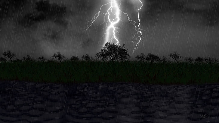 silhouette of trees, rain, storm, lake, lights, digital art, lightning