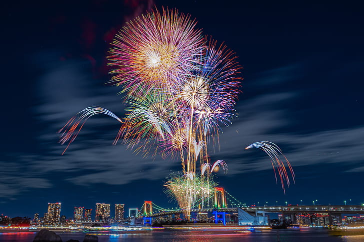 bridge, Japan, Tokyo, fireworks, night city, Rainbow Bridge, HD wallpaper