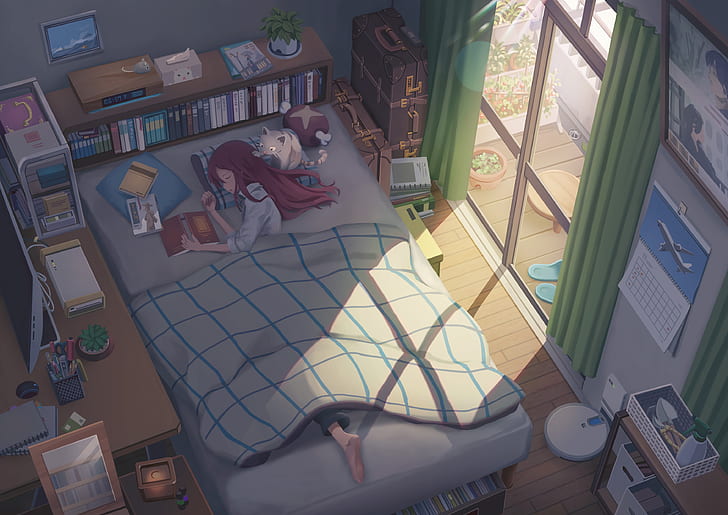HD wallpaper: Anime, Original, Bed, Cat, Girl, Room | Wallpaper Flare