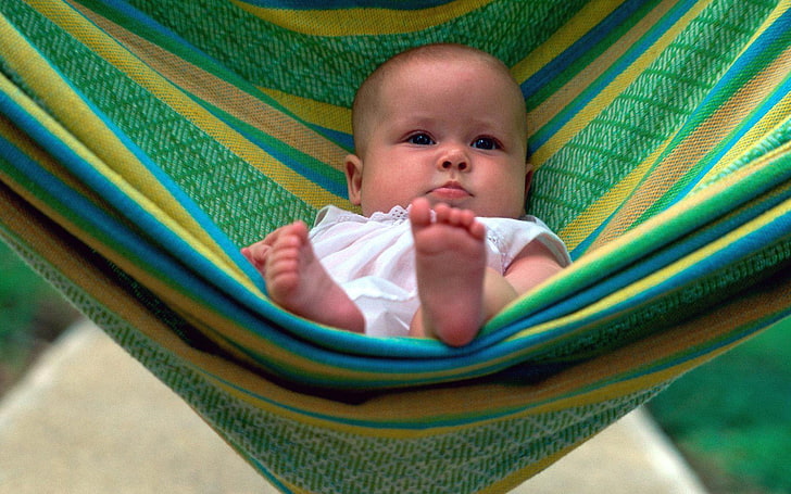 baby's white onesie, blue eyes, hammock, lie, child, cute, small, HD wallpaper