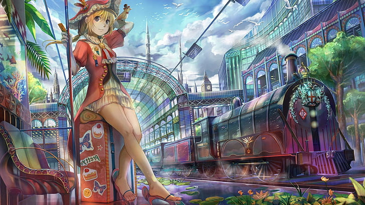 train anime girls pirates artwork, amusement park, built structure, HD wallpaper