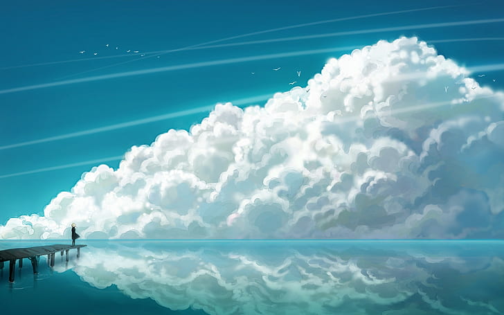 artwork, anime, anime girls, clouds, reflection, sky, pier, HD wallpaper