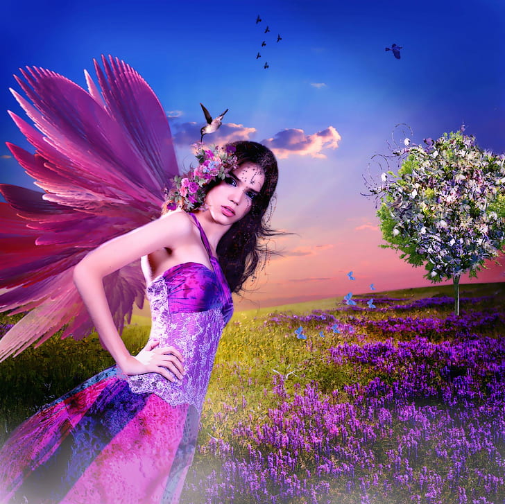 ✰purple Butterfly Fairy In Spring✰, face, cute, colors, birds, HD wallpaper
