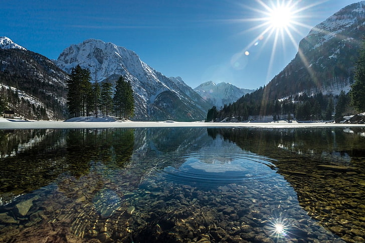 lake, forest, mountains, water, snowy peak, sun rays, nature