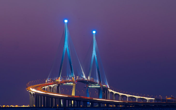brown and blue bridge, the sky, night, the city, lights, excerpt