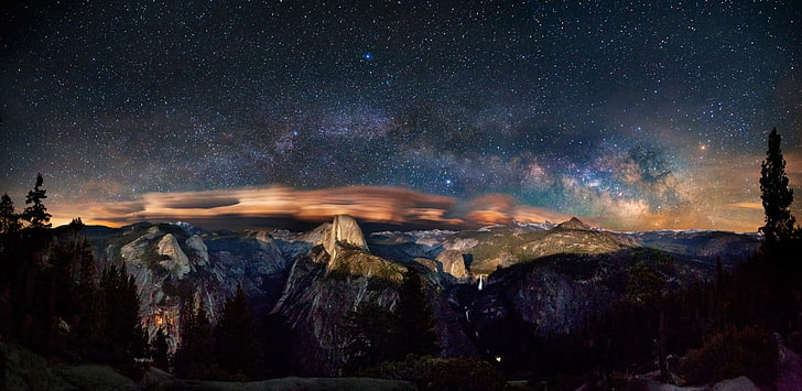 panoramic photography of land, Yosemite National Park, starry night