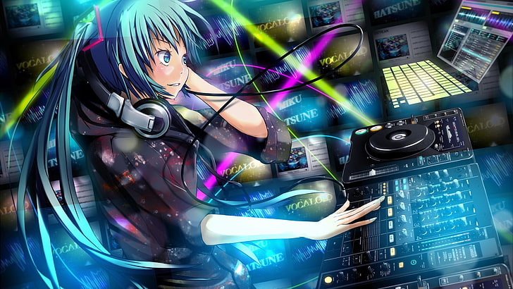 Hatsune Miku illustration, anime, Vocaloid, anime girls, DJ, mixing consoles