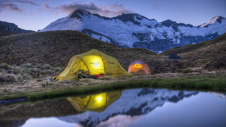 Camp Tents Mountains Reflection HDR HD, nature, HD wallpaper