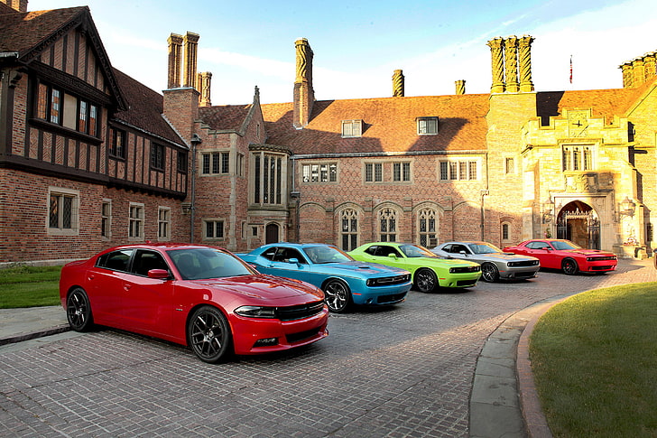 red Dodge Charger sedan, yard, 100th, cars, anniversary, challenger, HD wallpaper