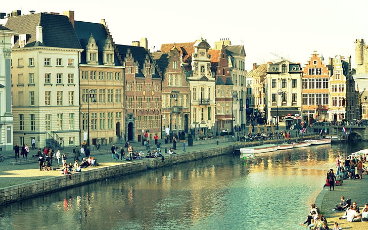 Ghent, Belgium, city view, houses, river, people