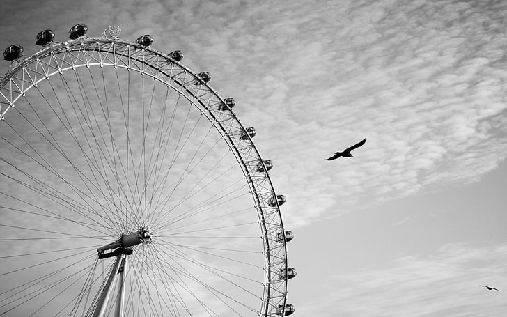 photography, London Eye, wheels, monochrome, ferris wheel, amusement park