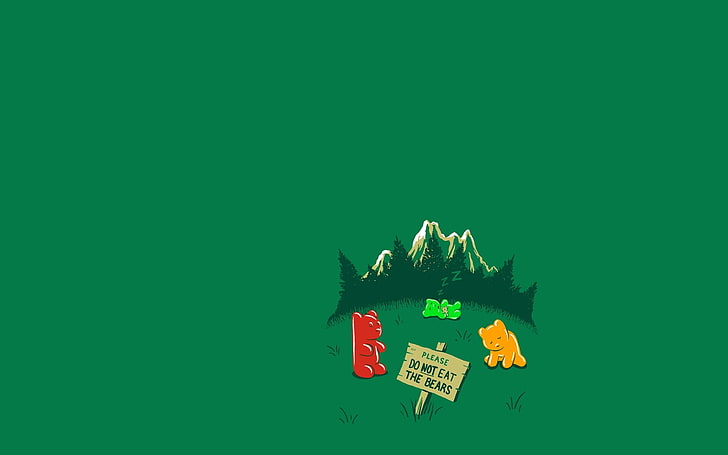 green and white mountain illustration, humor, gummy bears, minimalism