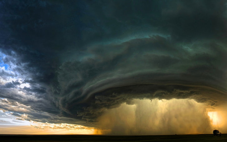 gray columbus clouds, Supercell, storm, Montana, sunset, field