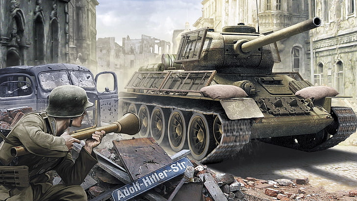 grey battle tank digital wallpaper, war, figure, art, ambush, HD wallpaper