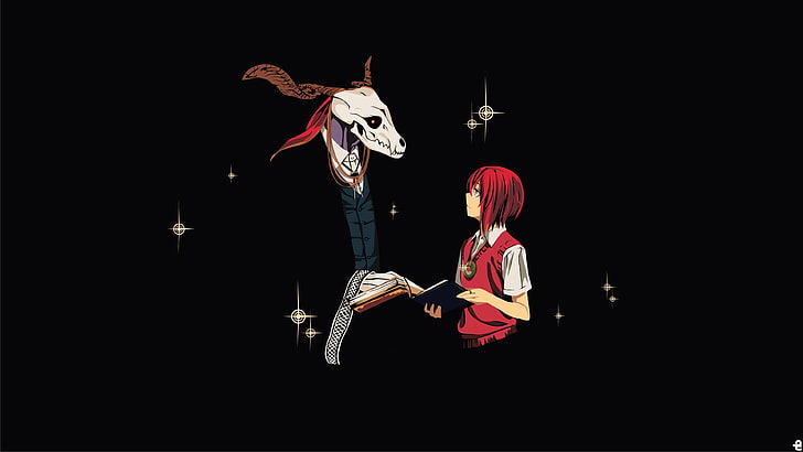 red haired male anime character, girl, skull, art, Mahou Tsukai no Yome