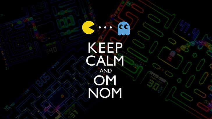 keep calm and om nom text, Keep Calm and..., Pacman, Inky, video games, HD wallpaper