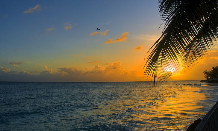 photograph of sunrise, barbados, barbados, sunrise  sunset, plane, HD wallpaper