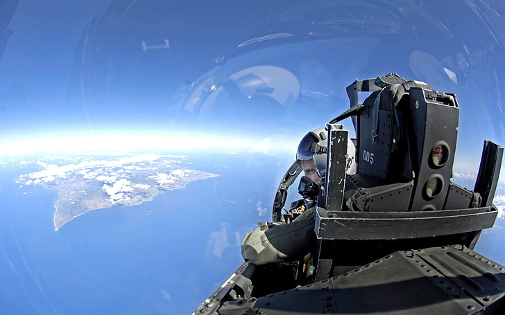black airplane, jet fighter, sky, pilot, cockpit, aircraft, military