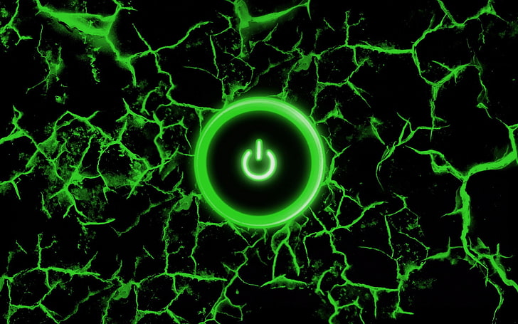 digital art, green, power buttons, black background, technology