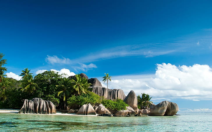 Seychelles Isls, grey stone formation between green trees and ocean