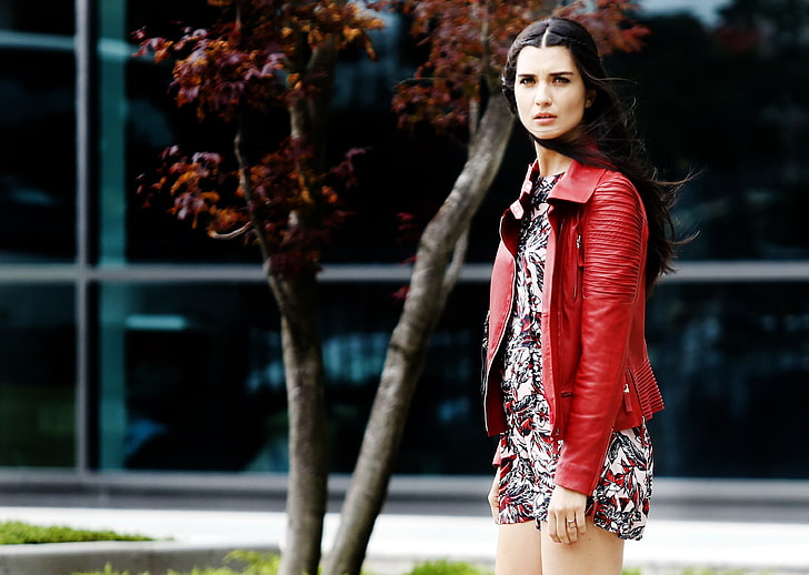 women's red zip-up leather jacket, Tuba Büyüküstün, actress