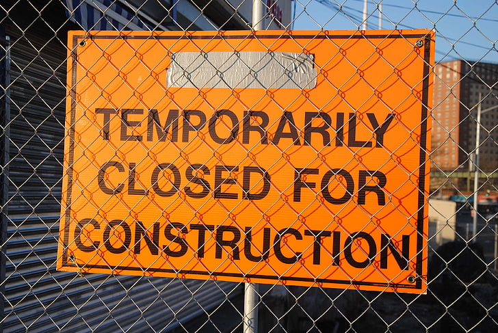 barb wires, barrier, billboard, building, caution, closed, construction site, HD wallpaper