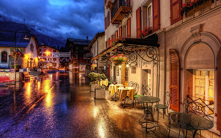 Switzerland Zermatt night streets and lights, HD wallpaper