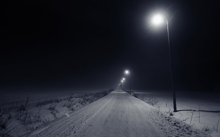grayscale photography of farm road, night, winter, lamp, snow, HD wallpaper