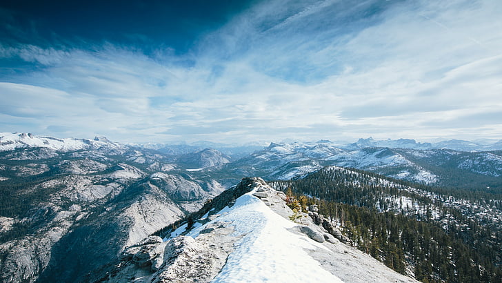 mountain cover by snow under white clouds, Yosemite, 5k, 4k wallpaper