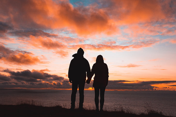 couple silhouette, romance, sunset, sky, Landscape, togetherness, HD wallpaper