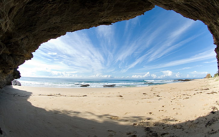 sea, beach, sand, cave, clouds, nature, sky, HD wallpaper