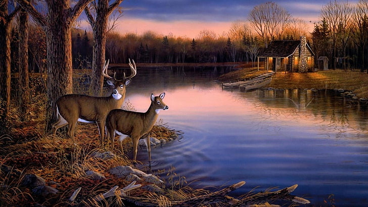 HD wallpaper: painting, art, wildlife, lake, house, lakeside, forest, animal  | Wallpaper Flare