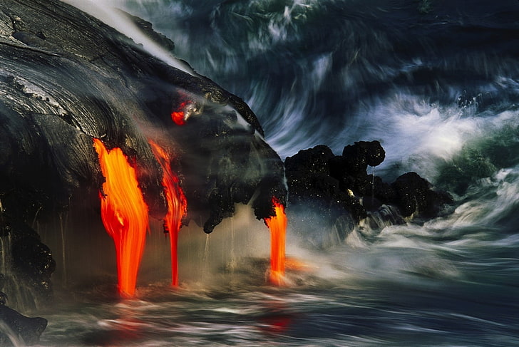lava flowing on body of water, volcano, sea, Hawaii, island, nature, HD wallpaper