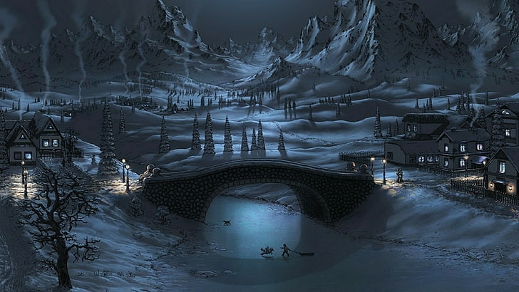 mountain village, winter time, winter wonderland, frozen, river, HD wallpaper