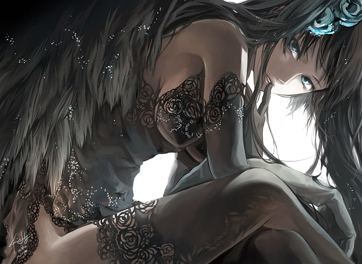 black long haired female anime character illustration, untitled
