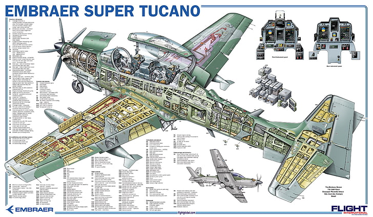 green Embraer Super Tucano plane illustration, engines, schematic